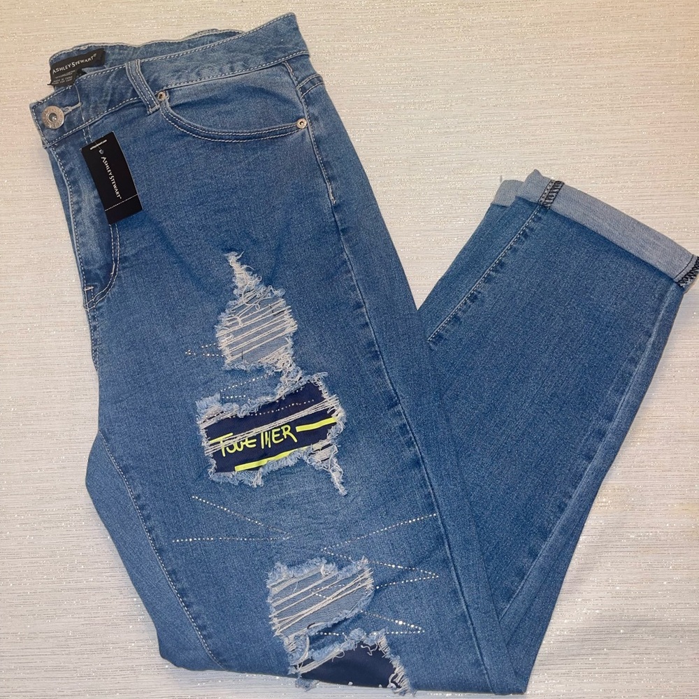 NWT Ashley Stewart ripped cuffed skinny jean with messages and crystals sz 16